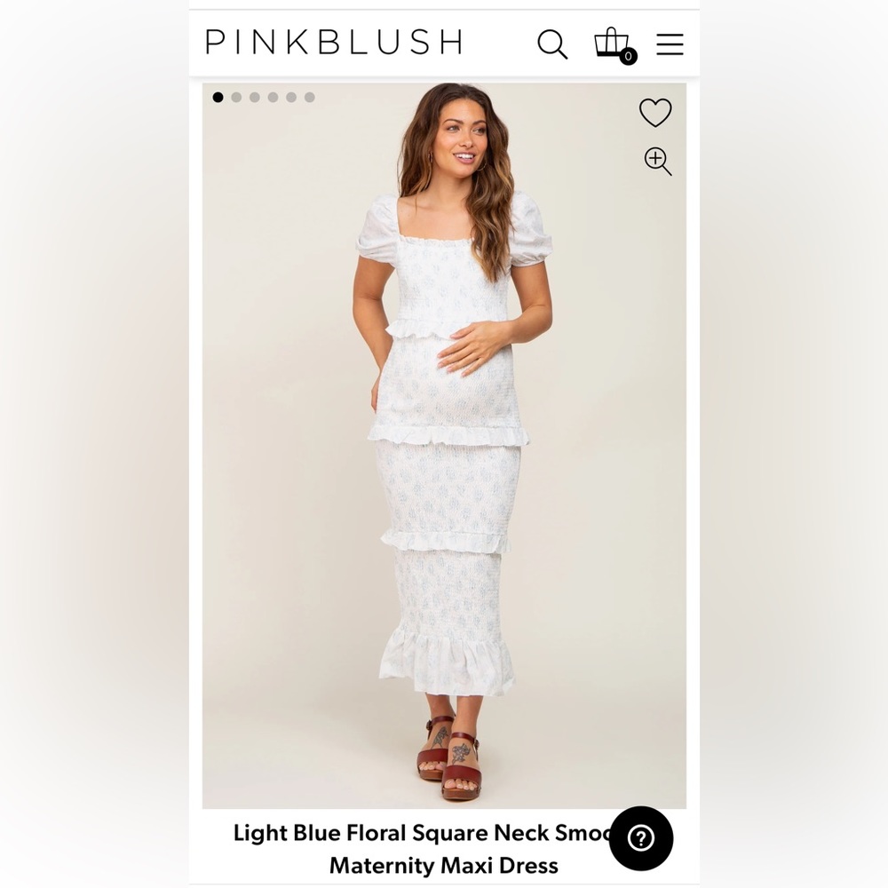 PinkBlush Light Blue Floral Square Neck Smocked Maternity Maxi Dress, Size S NWT